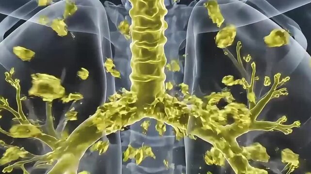 X-Ray Medical Animation of Cough with Mucus in Lungs and Respiratory System Visualization