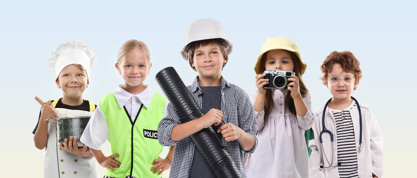 Choice of future profession. Happy children dressed as workers in different occupations. Gradient background