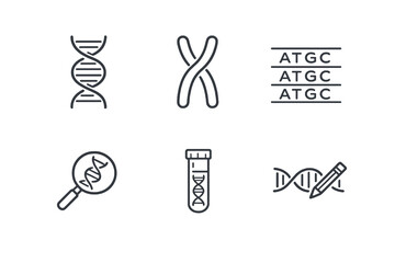 Genetics science line icon set with six editable stroke vector symbols. Clean outline style for DNA research, genome analysis, laboratories and scientific web interfaces.