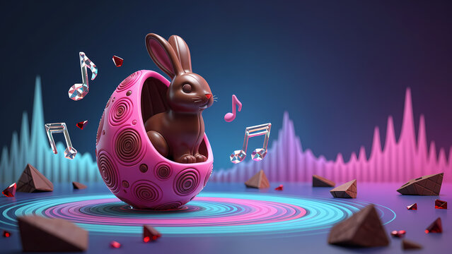  a brown rabbit sitting inside a pink, spiral-patterned egg-shaped nest. musical notes and crystal shapes float around. background features glowing.