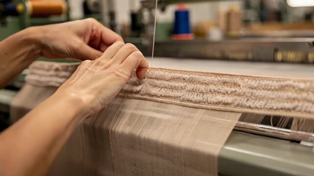 Closeup of hands skillfully weaving plush elastic waistbands creating soft stretchable foundations for sheer pantyhose with precision and care.