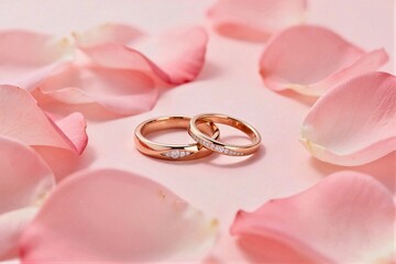 Two beautiful rose gold wedding bands encrusted with small diamonds lying together on a light pink surface surrounded by scattered rose petals.