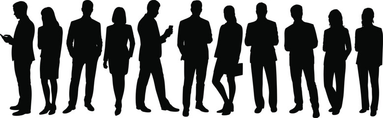 Flat vector illustration of diverse business professionals silhouettes standing in row symbolizing teamwork, corporate culture, leadership, office environment, collaboration, success