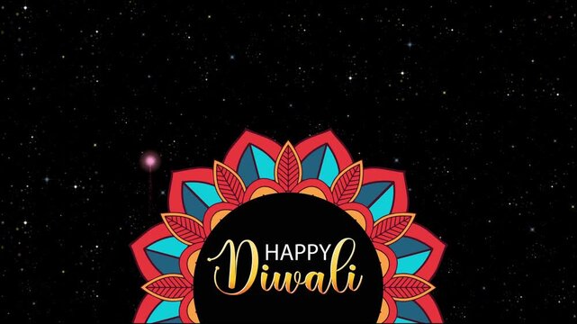 Happy Diwali Greeting with Colorful Mandala and Purple Fireworks Background