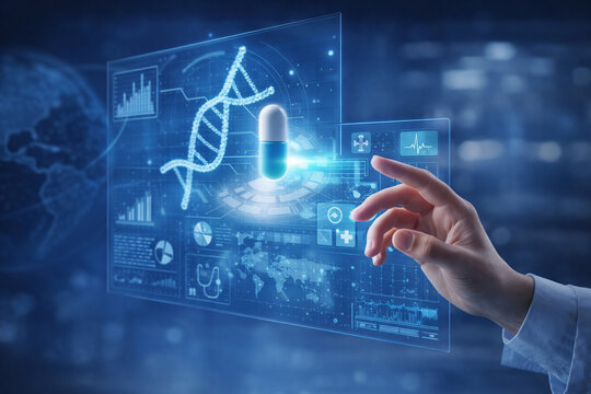 AI generated human hand interacting with digital healthcare interface showing medical data analytics genetics and global health technology innovation