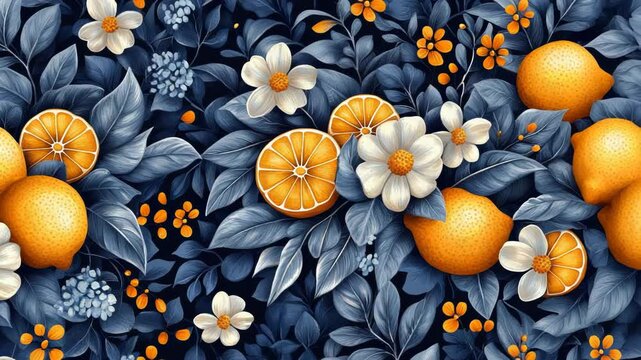 Digital illustration Lemons, flowers, and leaves in a floral, seamless pattern