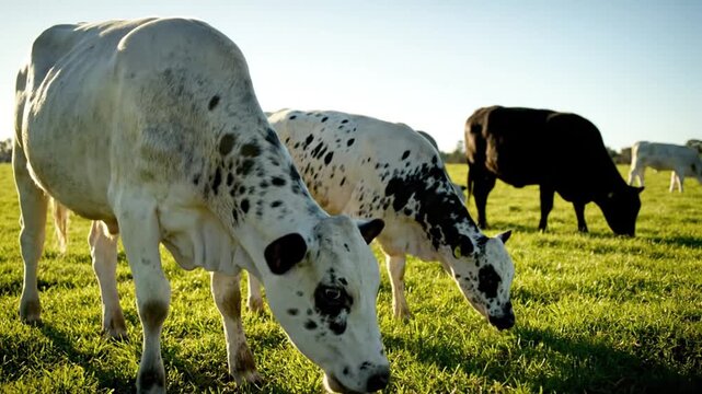 

Black and white dairy cattle graze on the lush green grass of a rural pasture under a clear blue sky, capturing the essence of livestock farming in a natural meadow field