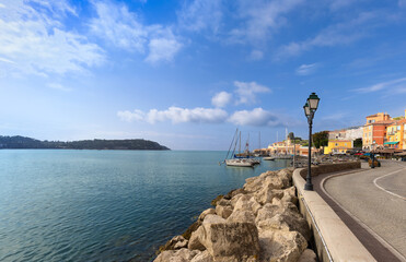 France, French Riviera, Villefranche old city streets in historic city center near sea promenade