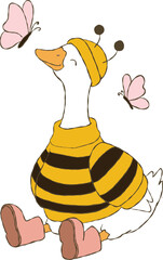 Adorable hand drawn goose wearing a bee costume with soft spring butterflies