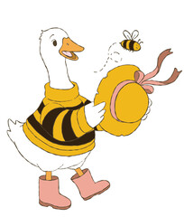 hand drawn funny goose bee outfit cartoon, spring goose.