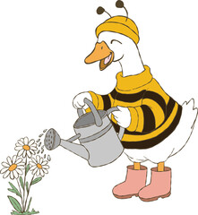hand drawn funny goose bee outfit cartoon, spring goose.