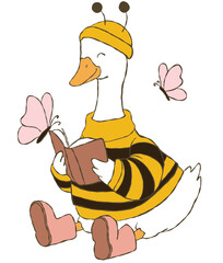 Adorable hand drawn goose wearing a bee costume with soft spring butterflies