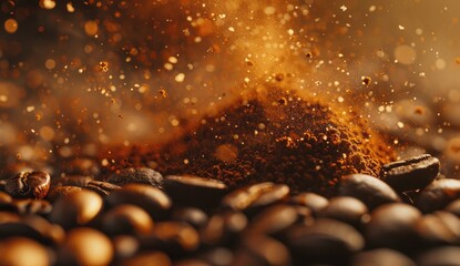 Ground coffee being poured on beans, aroma background, close-up. Food, drink use