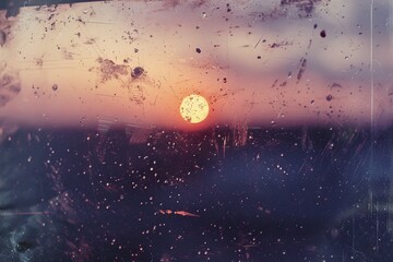 Grungy Window view of sunset over distant land, abstract, nostalgic, backgrounds