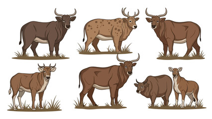 Fototapeta premium A set of wild animals and farm livestock silhouettes featuring black vector illustrations of a bull, pig, horse, and goat isolated on white for nature and cattle breeding designs