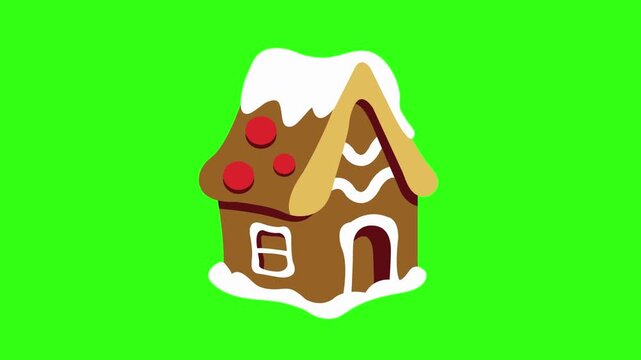 Snowy ginger bread house animation on green screen