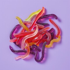 Gummy worms pile, colorful on purple, for dessert ads, snack blogs, kid's party