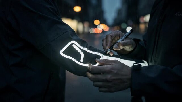 Tailored medium shot showcasing the detailed application of reflective patches on the sleeve of outerwear designed to increase nighttime safety for cyclists and pedestrians.