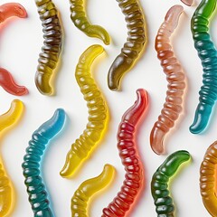 Gummy worms pattern on white backdrop. Food photography, candy shop backdrop