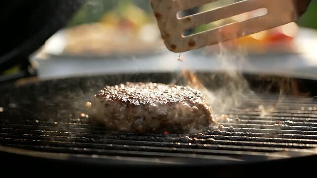Medium close-up of a hamburger patty sizzling on a hot barbecue grill with smoke as a spatula lifts it.