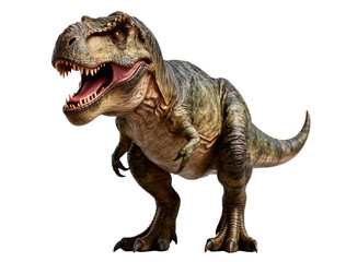 Fototapeta premium Fierce Tyrannosaurus Rex Roaring with Open Jaws, Muscular Scaly Body and Long Tail - Symbol of Prehistoric Power