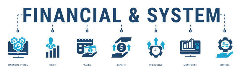 Financial & System web banner icon vector illustration with Financial System, Profit, Wages, Benefit, Productive and Monitoring