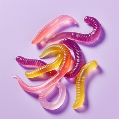 Gummy worms piled on a purple surface. Background is plain, used for promotion