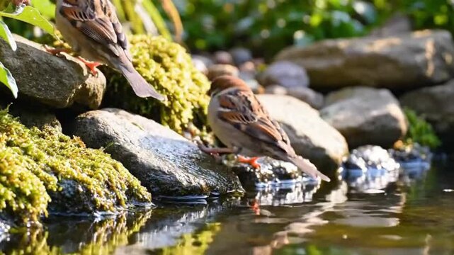 Two sparrows perch by a pond one drinks Rocks and moss create a natural setting with light reflecting on the water