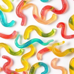 Gummy worms scattered on a plain surface; food photography; snacks, treats, background
