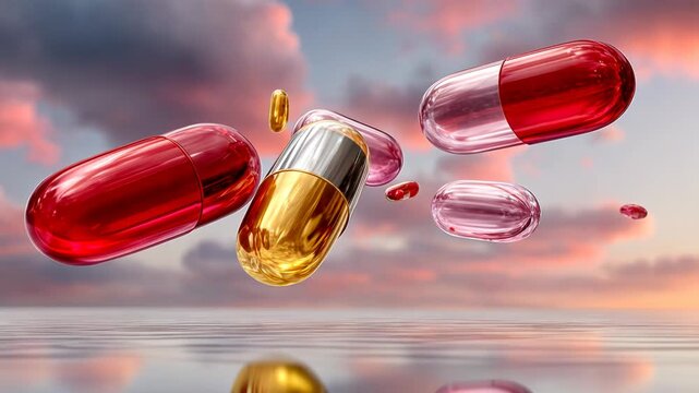 Floating, translucent capsules of various colors and textures, reflecting in water, against a colorful sunset