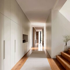 Hallway Interior view of hallway. Modern cabinets line wall and staircase ascends