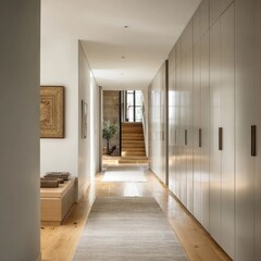 Hallway Storage. Wood Floor, Minimalist Interior. Staircase in Background. Style