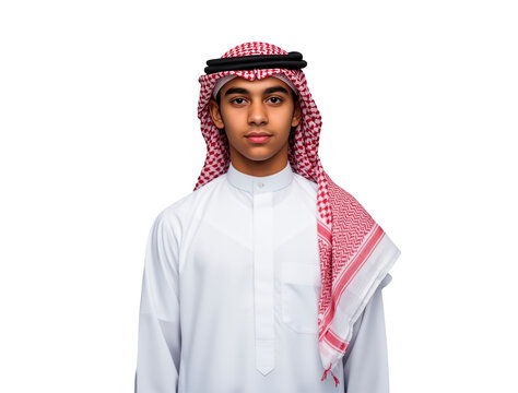 Young Middle Eastern boy in red-white checkered shemagh and white high-collar thobe, embodying cultural pride and timeless elegance against simple black backdrop