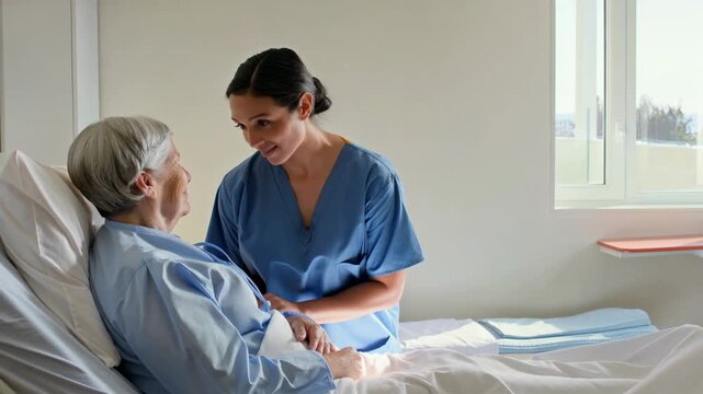 Caring nurse providing emotional support and comfort to an elderly patient in a hospital room