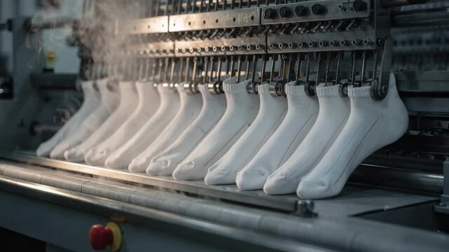 Medium shot of steam boarding machine shaping ankle socks emphasizing fabric smoothness and precision in the textile finishing process.