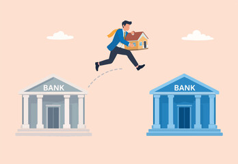  Refinance change mortgage agreement to new bank, replace debt obligation with better interest rate, housing loan or real estate investment concept, businessman with his house jump to new bank.