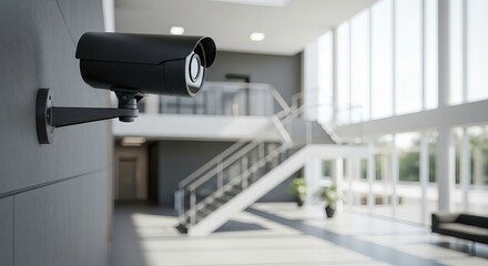 Security camera mounted on office building wall inside modern lobby