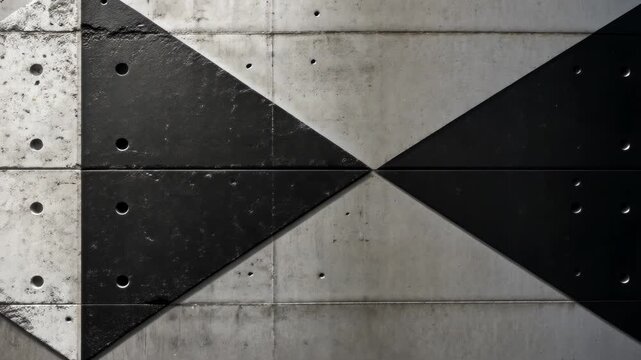 Geometric wall pattern composed of concrete triangles in black and grey with circular holes