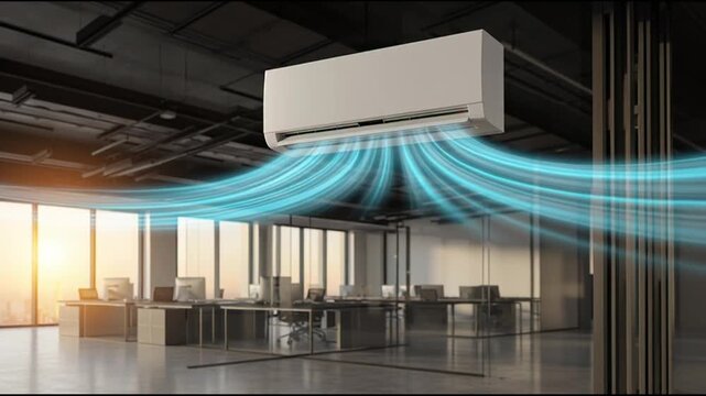 Air conditioner installed in a modern office, distributing cool air across the workspace from a high vantage point