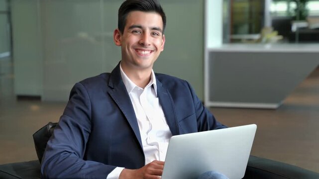Happy young businessman giving a thumbs-up while working on a laptop in a modern office lobby