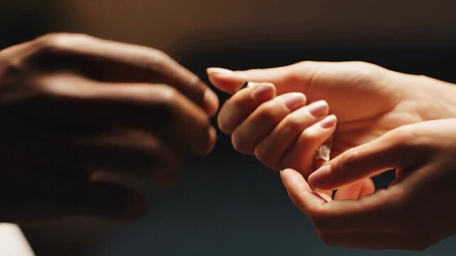 Close Up Hand to Hand Exchange of Condom Foil Packet.