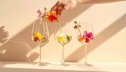Hand arranging flowers in wine glasses for events, with shadows on a neutral wall
