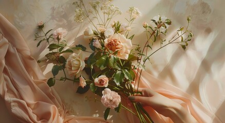 Hand arranging rose bouquet on draped fabric; floral wallpaper; use invitation