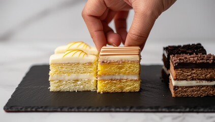 Hand arranging small, layered cakes on a black slate. Close-up of varied flavors with fine details