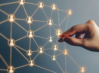 Hand Connecting People in Network; Symbolizing Link, Communication. Abstract Background