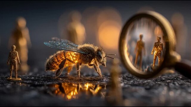 A magnifying glass focuses on a bee surrounded by human figures in a surreal scene at dusk
