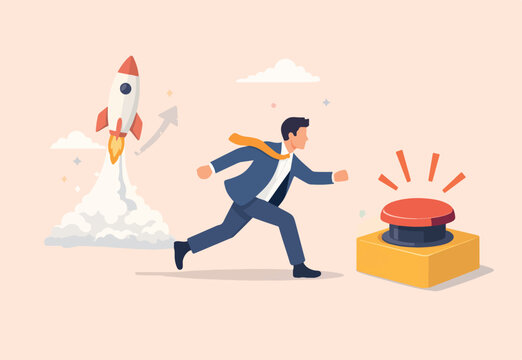 Push button call for emergency help, control or launch rocket, start new business or launch start up company concept, cautious businessman running in hurry push red emergency button
