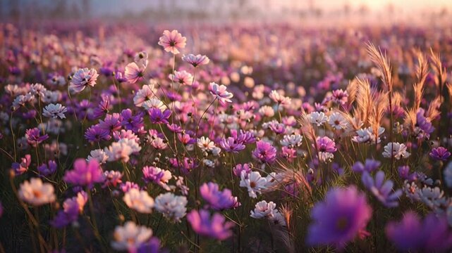 Vibrant Wildflowers in a Field at Sunset with Soft Focus.