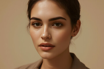 Fototapeta premium Close-up portrait of a young woman with natural makeup and subtle expression against a beige background.
