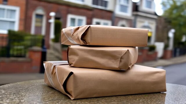 Packages stacked on a stone surface near a home in a residential area during daylight hours